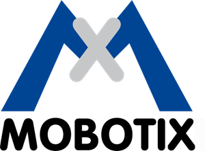 Ein blau-weißes Logo für Mobotix mit einem Kreuz in der Mitte