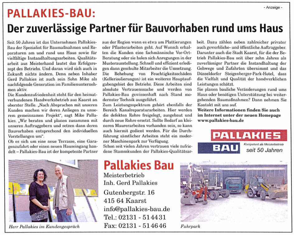 Pallakies Bau Kaarst - Zeitungsartikel über das Bauunternehmen Pallakies Bau Kaarst