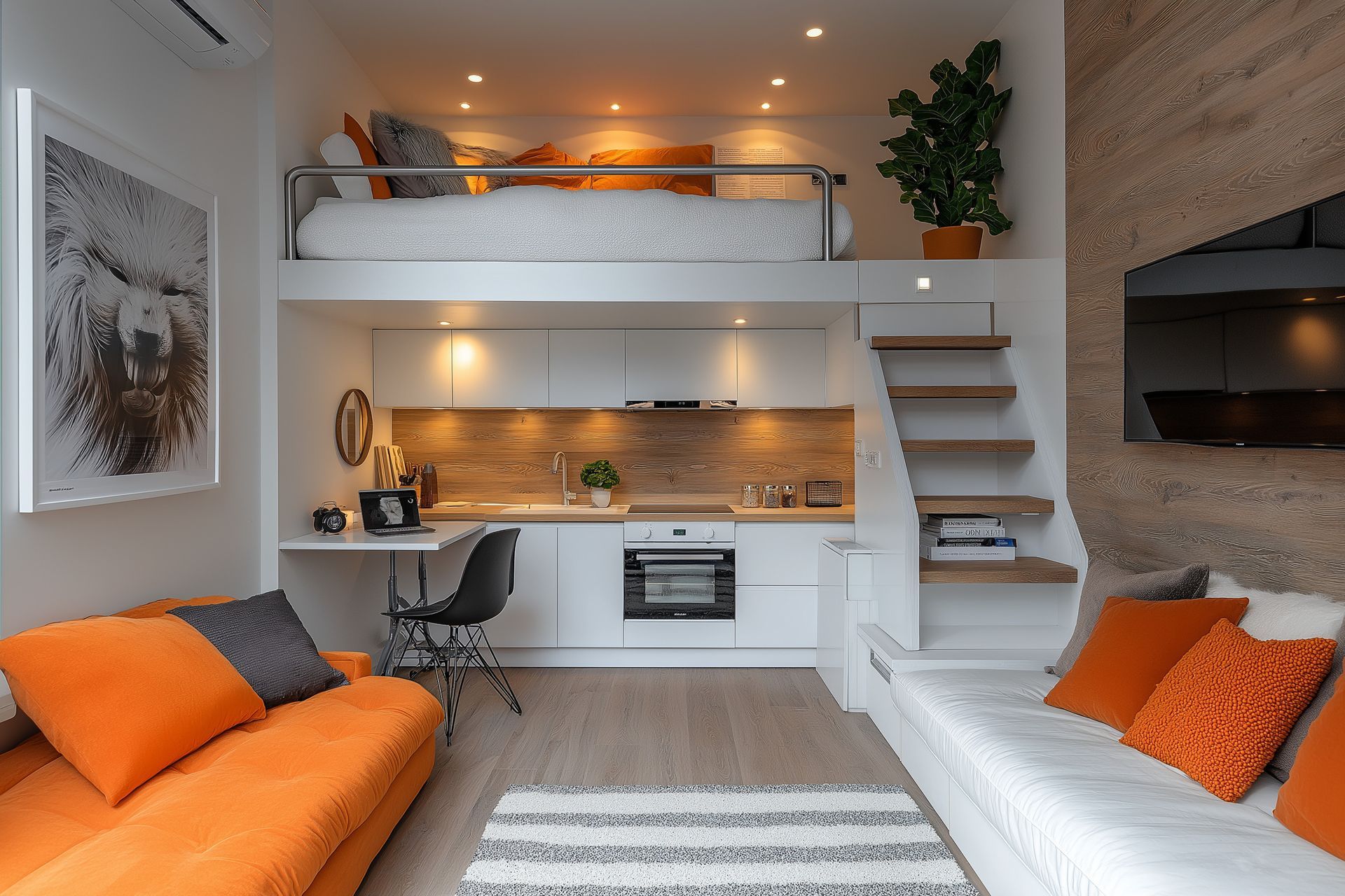 Cuisine installée sous une mezzanine