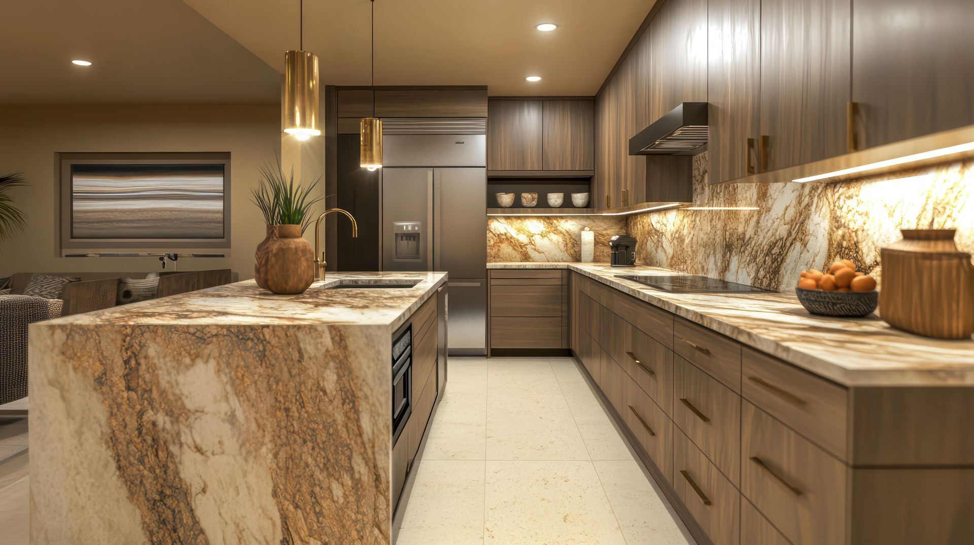 Cuisine design avec plan de travail et crédence en pierre naturelle