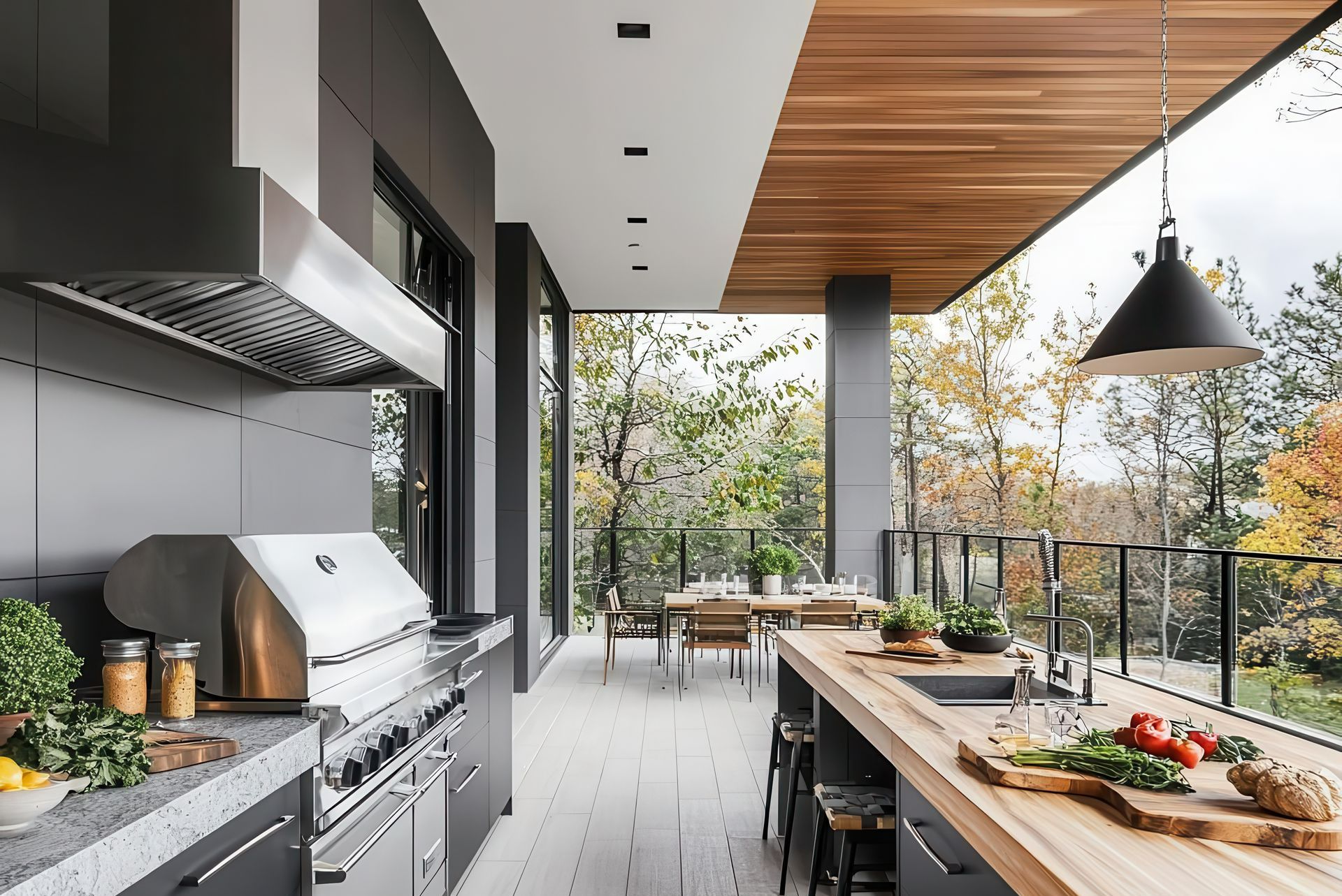 Grande terrasse couverte avec cuisine d'extérieure en inox