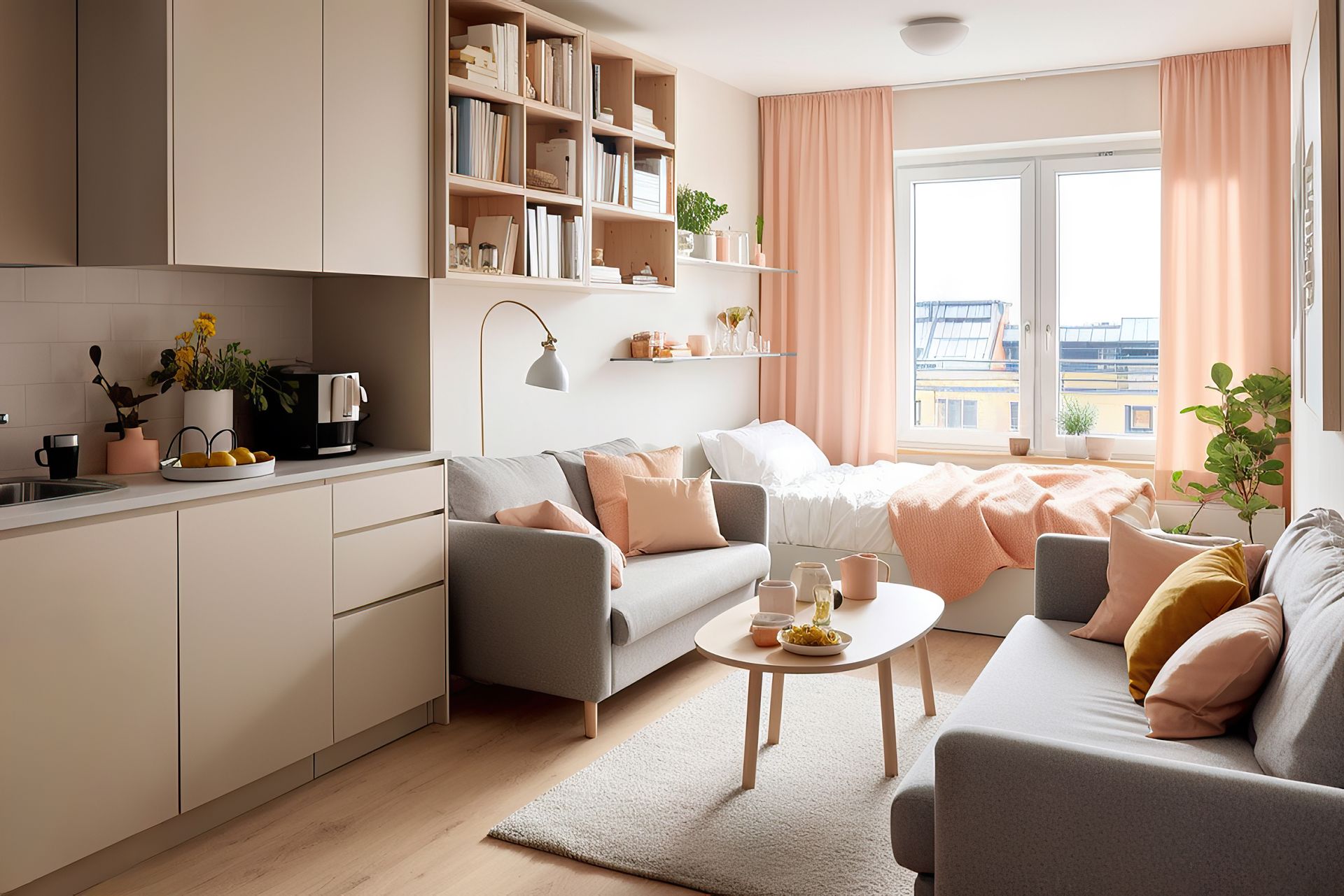 Cuisine ouverte sur un salon couleur rose poudré