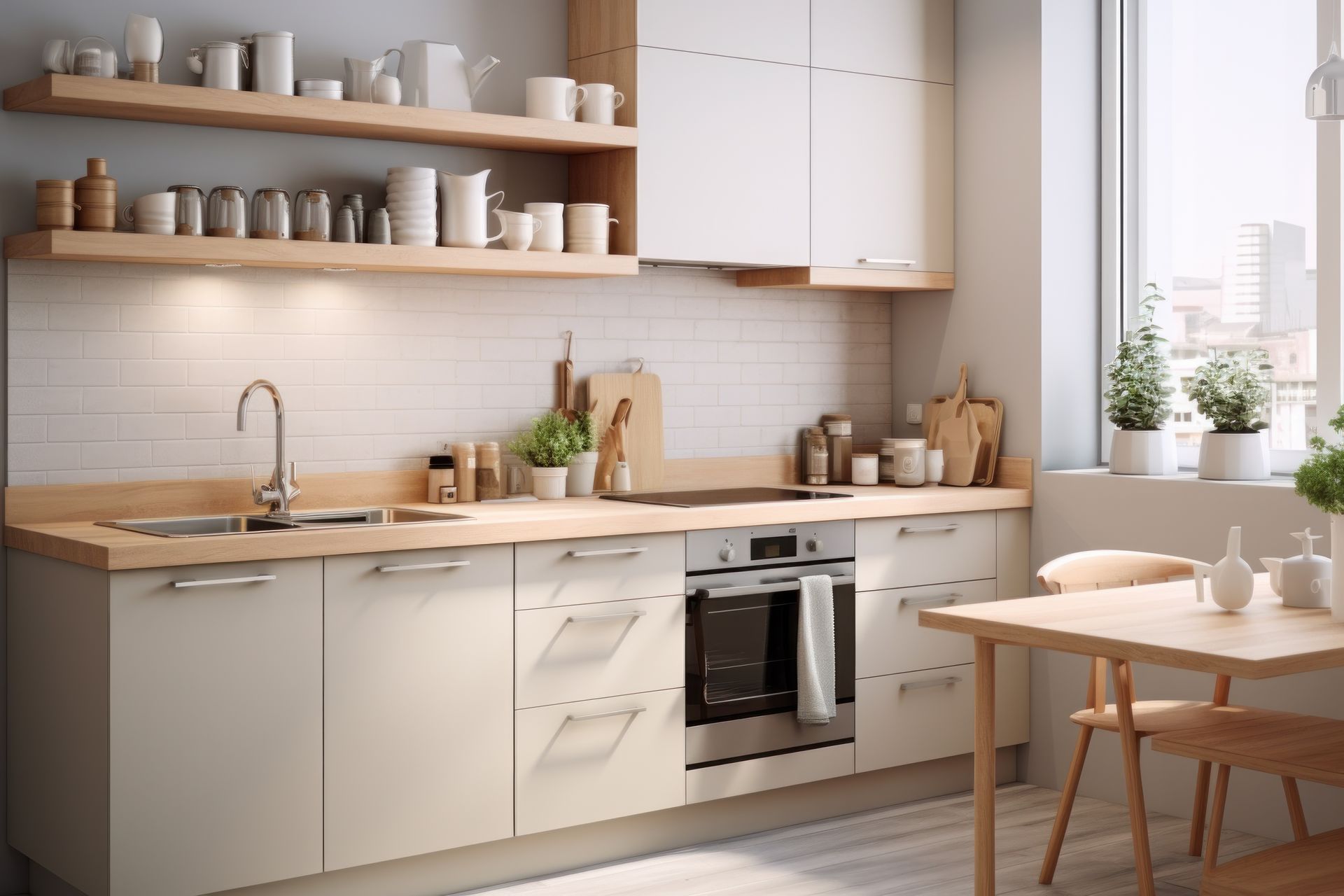 Cuisine blanche avec plan de travail en bois