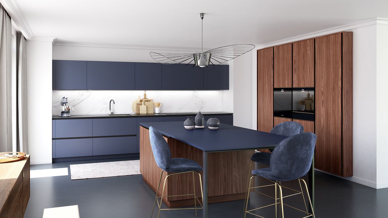 Cuisine avec banquette intégrée et rangements bleu nuit