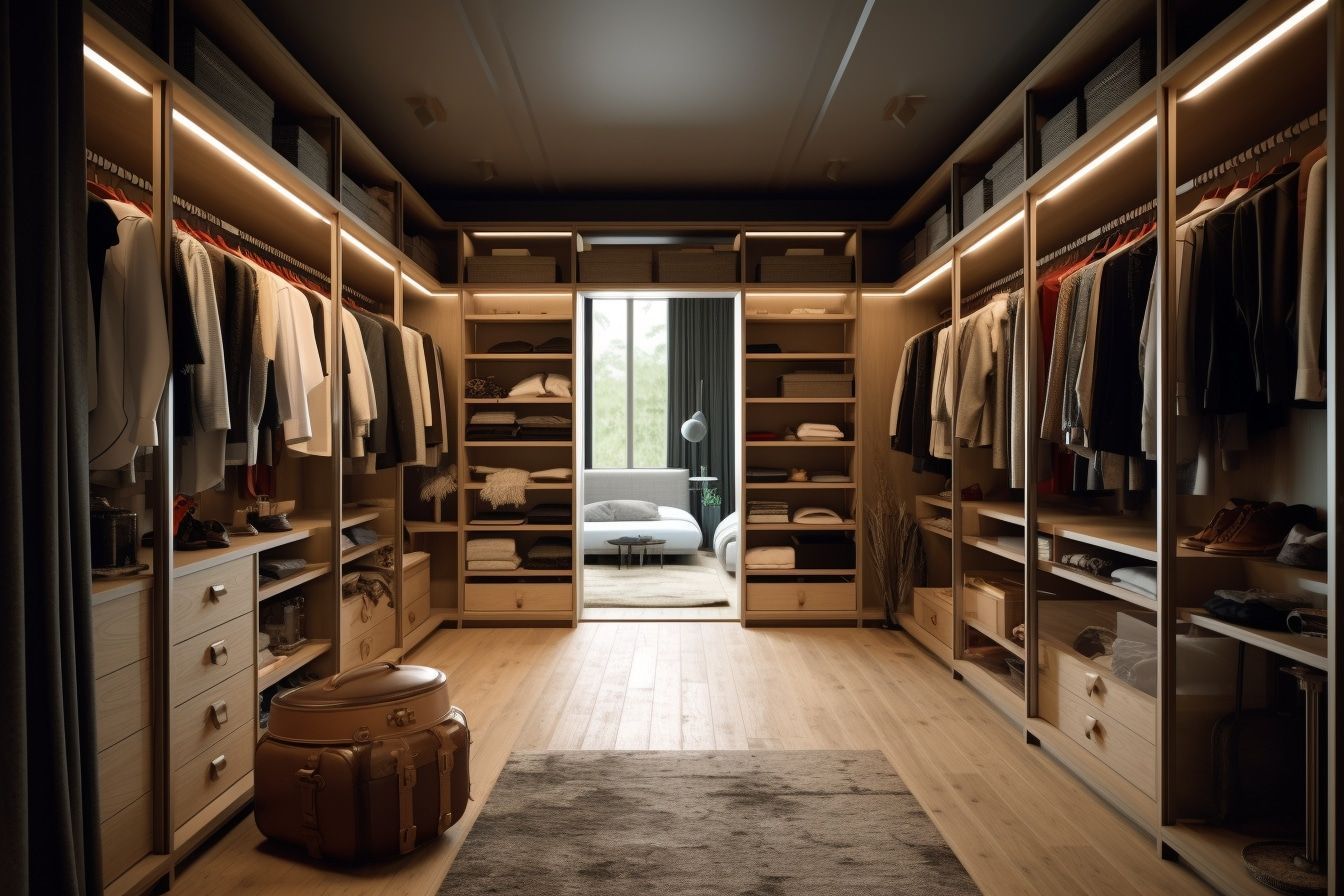 Grand dressing sur mesure avec éclairage intégré et rangements ouverts