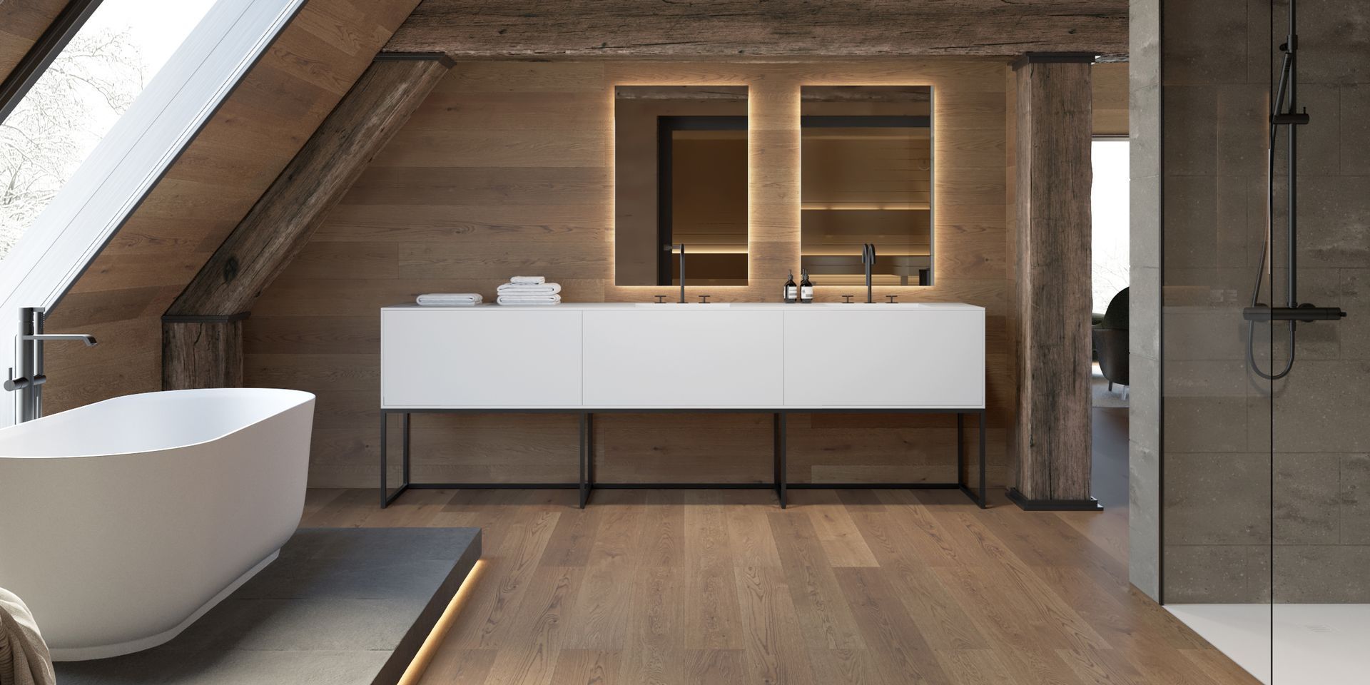 Salle de bains avec revêtements en bois clair, meuble double vasque et miroirs avec éclairage intégré
