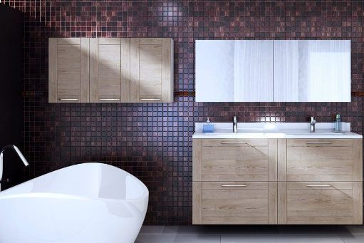 Création de salle de bains mosaique et meubles en bois