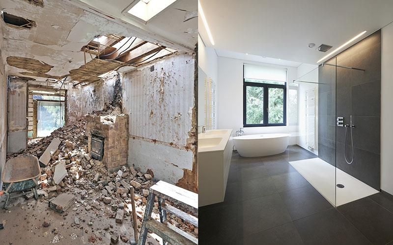 Ein Vorher-Nachher-Bild eines Badezimmers, das renoviert wird.