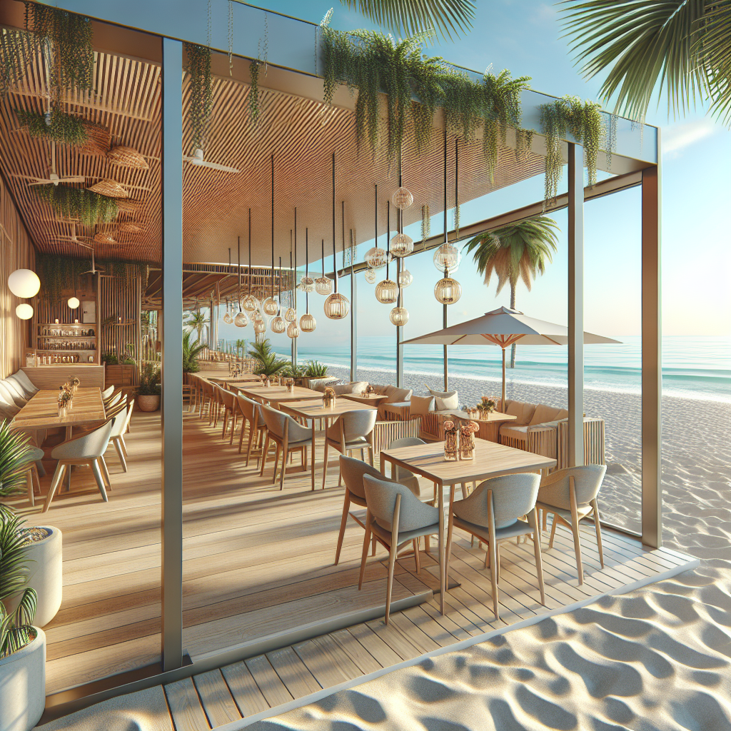 Restaurante frente a la playa con mesas, sillas y vista al océano bajo un toldo de madera.