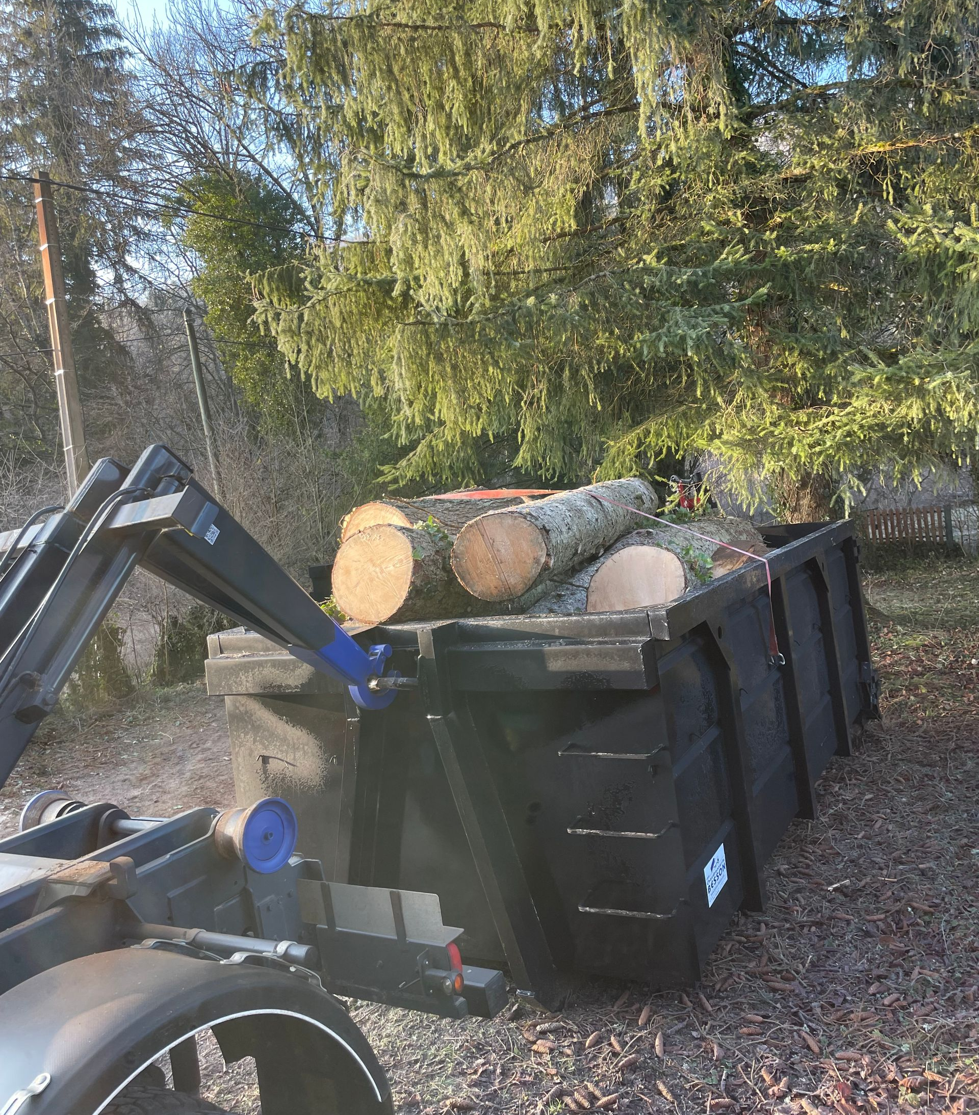 Des bûches dans une benne noire sont soulevées par une machine ressemblant à un tracteur dans une zone boisée.