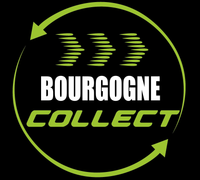 Logo de Bourgogne Collect avec flèches et symbole de recyclage. Fond noir, texte vert et blanc.