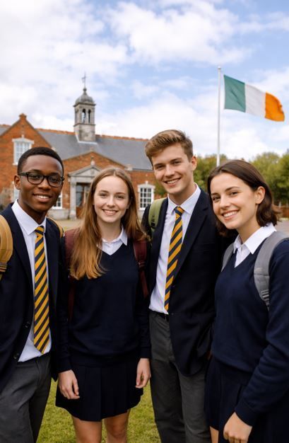 Cuatro estudiantes con uniforme escolar 