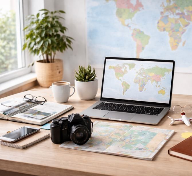 Un escritorio con un ordenador portátil