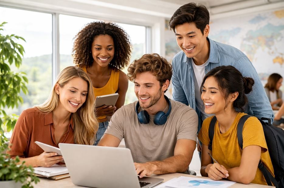 Un grupo diverso de estudiantes colabora en una computadora portátil en una mesa en un aula luminosa y moderna.