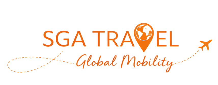 Logotipo de SGA Travel que muestra un globo terr&aacute;queo naranja
