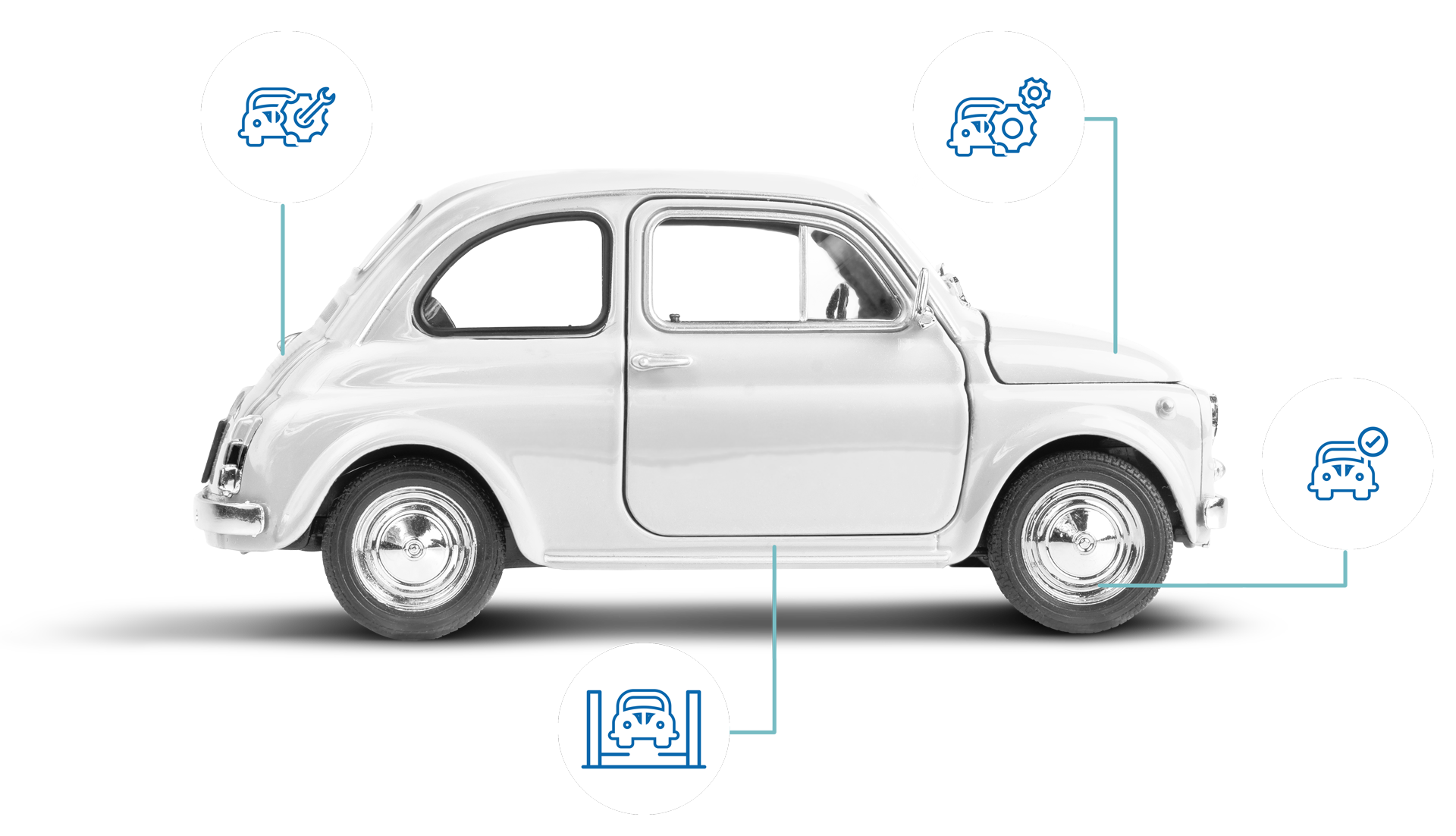 Une voiture de collection avec des pictogrammes de réparation autour