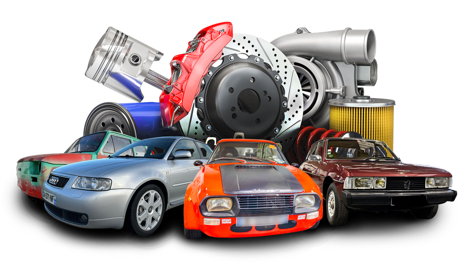 Composition de pièces d'automobiles en fond avec 4 véhicules détourés