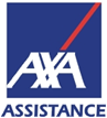 Das Logo von AXA Assistance ist ein blaues Quadrat mit weißen Buchstaben und einer roten Linie.