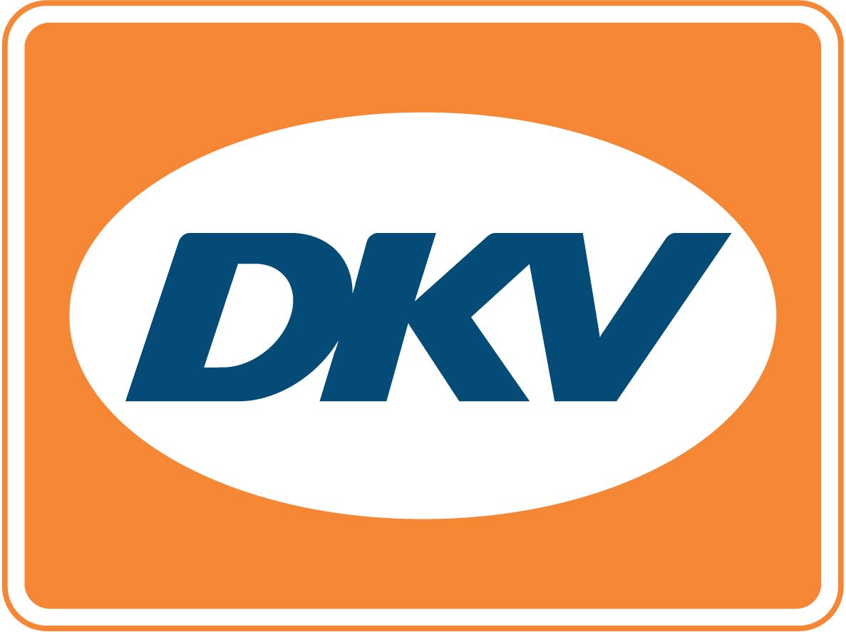 Ein blau-weißes DKV-Logo auf orangefarbenem Hintergrund
