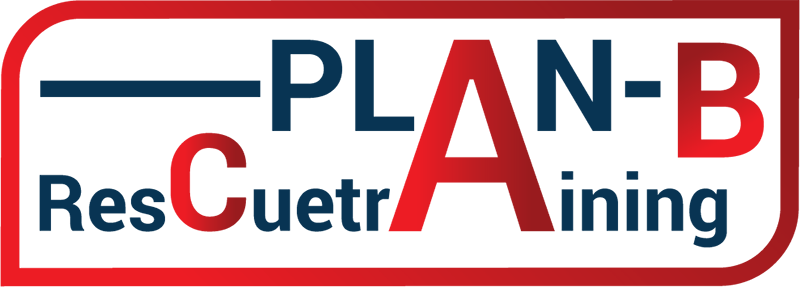 Logo für Plan A Rescue Training: weißer Text „PLAN-B“ und „Training“, rotes „A“, blaues „Rescuetr“ in einem abgerundeten Rechteck mit rotem Rand.