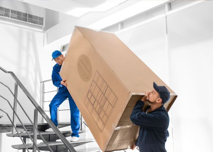 Dos hombres suben una gran caja de cartón por unas escaleras.