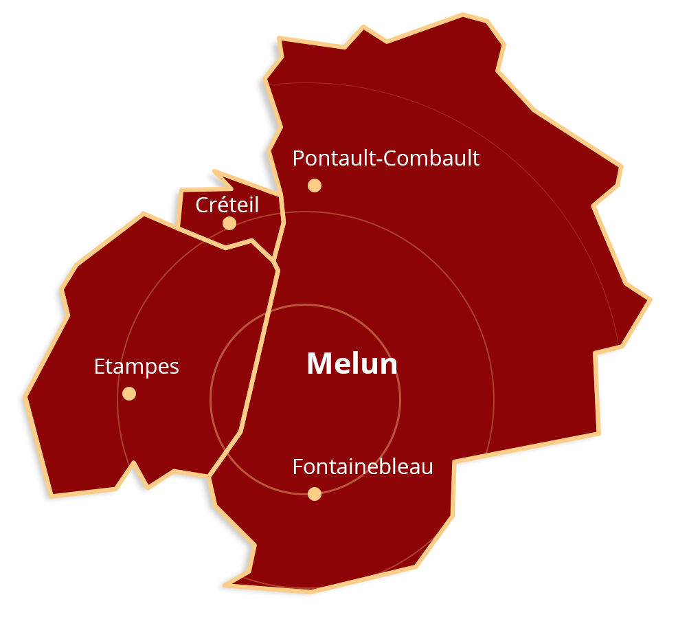 Carte de la zone d'intervention autour de Melun : Pontault-Combault, Créteil, Étampes et Fontainebleau.