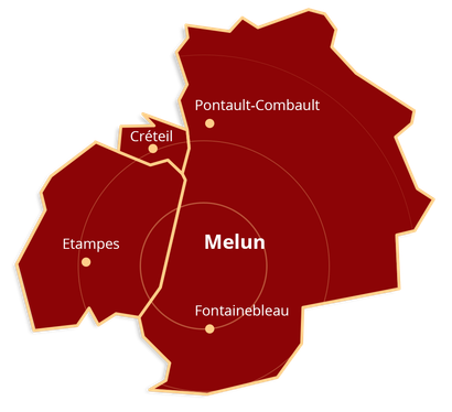 Carte de la zone d'intervention autour de Melun : Pontault-Combault, Créteil, Étampes et Fontainebleau.