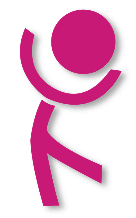 Ein rosa Strichmännchen mit einem Kreis auf dem Kopf