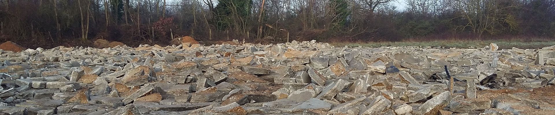 Un champ labouré au sol gris et rugueux au premier plan, et une rangée d'arbres à l'horizon.