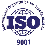 Logo de certification ISO 9001. Texte bleu et symbole du globe, indiquant les normes de qualité internationales.