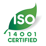 Logo de certification ISO 14001 : feuille verte avec « ISO » à l’intérieur et « 14001 Certified » en dessous, en vert.