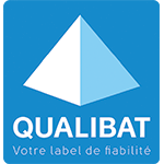 QUALIBAT logo: Blue square with a pyramid graphic and text 