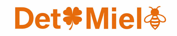 Logotipo naranja con un tr&eacute;bol de cuatro hojas, una abeja y el texto "DetMiel" encima de "Detelin Velinov Mitov".