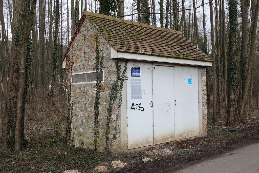 Petit abri utilitaire moussu au bord d'une route dans une forêt sans feuilles