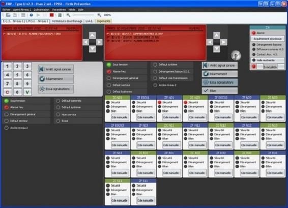 Capture d'écran d'une application de bureau à thème sombre avec des panneaux d'état rouges et une grille de cartes/boutons étiquetés.