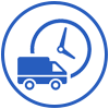 Camion de livraison bleu avec une icône d'horloge, suggérant un service de livraison ponctuel.