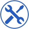 Une clé et un tournevis bleus croisés à l'intérieur d'un cercle bleu, représentant des outils ou la maintenance.