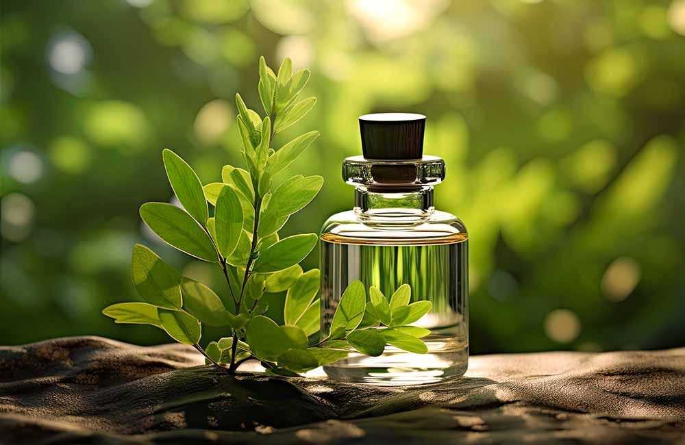 Clear glass perfume bottle beside green leaves on a wooden surface, lit by soft sunlight