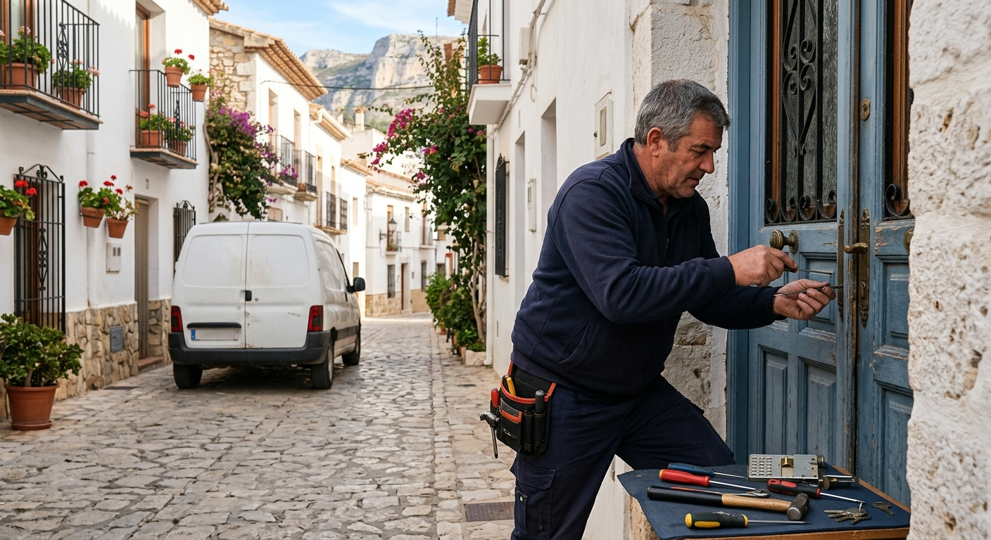 Un hombre repara una puerta azul en una calle empedrada bordeada de casas blancas y plantas en macetas.