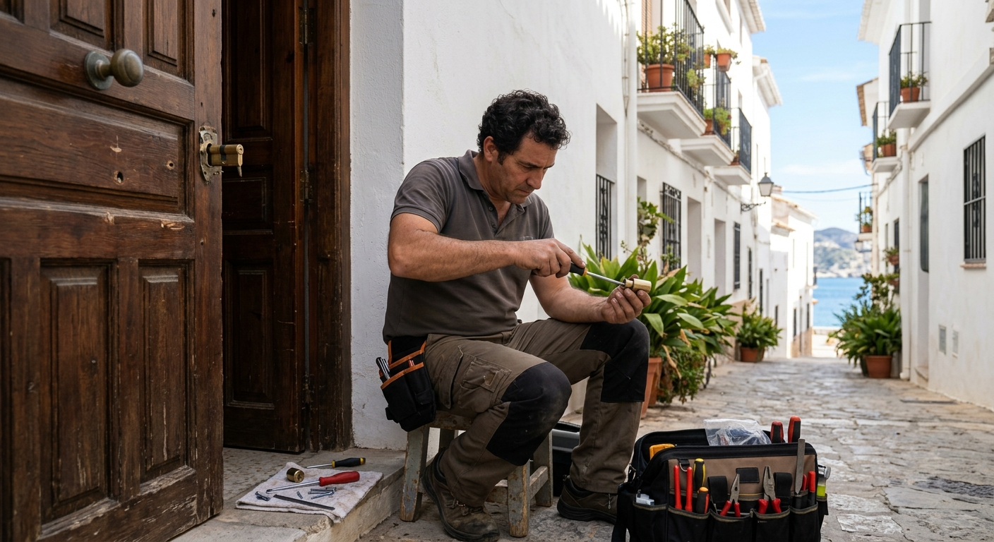 Un hombre arrodillado en una calle blanca, colocando macetas junto a una puerta, con herramientas y suministros cerca.
