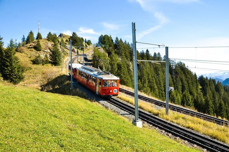 Eine rote Zahnradbahn fährt vor blauem Himmel einen grasbewachsenen Berg hinauf, vorbei an Bäumen.