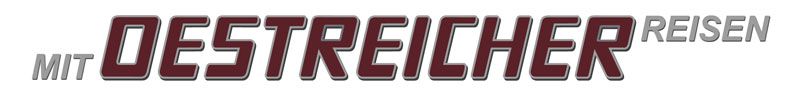 Logo des Reisebüros „Oestreicher Reisen“. Der Name ist in dunkelroten Buchstaben mit Schatteneffekt, „MIT“ und „REISEN“ in Grau.