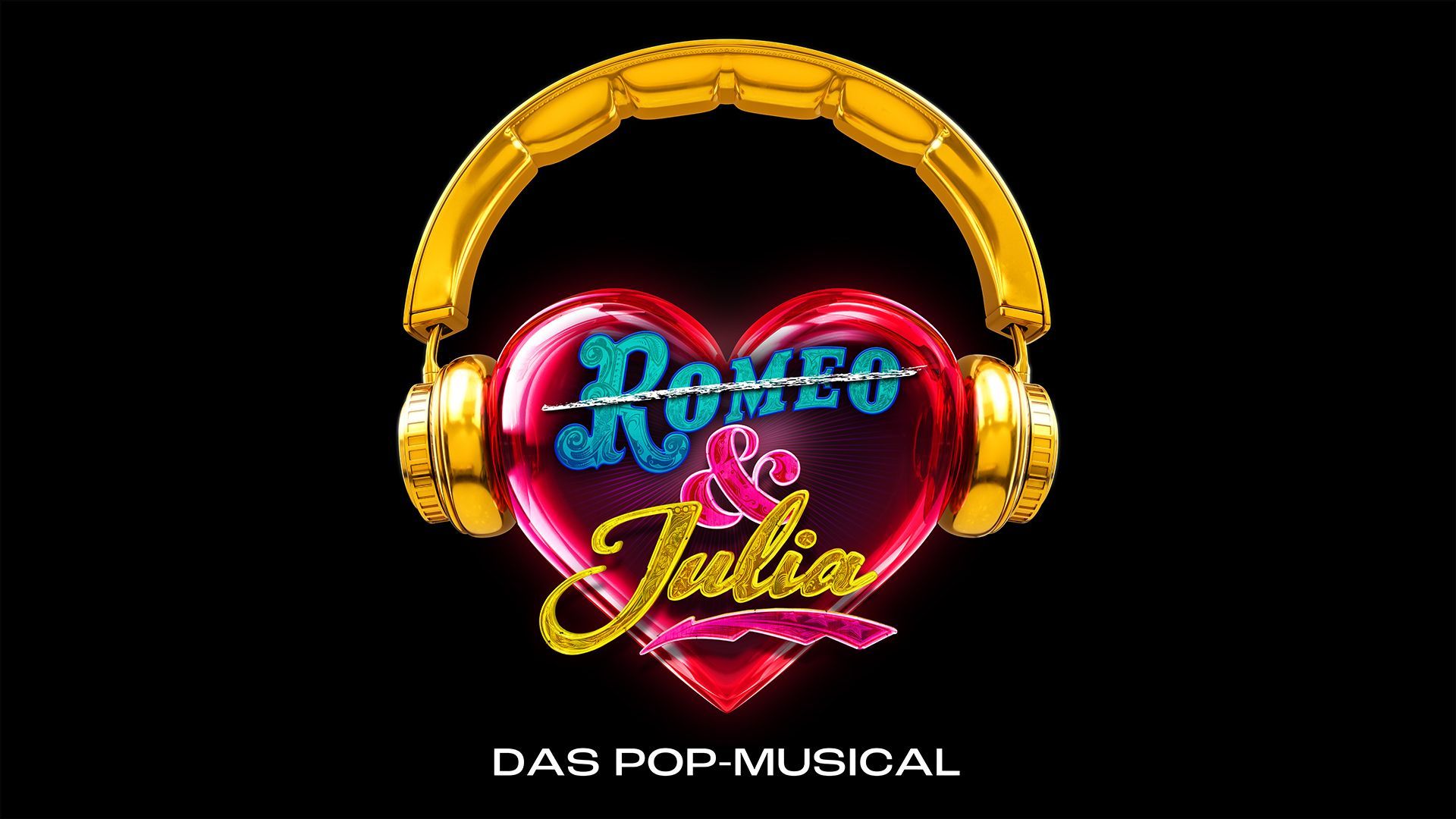 Ein rotes Herz mit goldenen Kopfhörern, in der Mitte der Slogan Romeo & Julia, wobei Romeo durchgestrichen ist.
