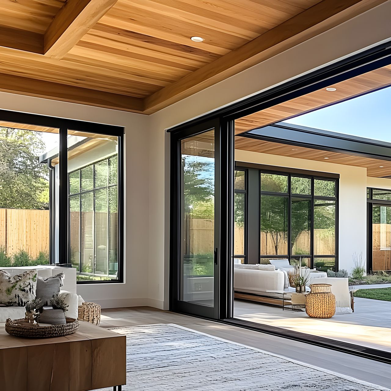 Chambre moderne avec de grandes fenêtres, des murs clairs et un plafond en bois. Une porte-fenêtre coulissante s'ouvre sur un patio.