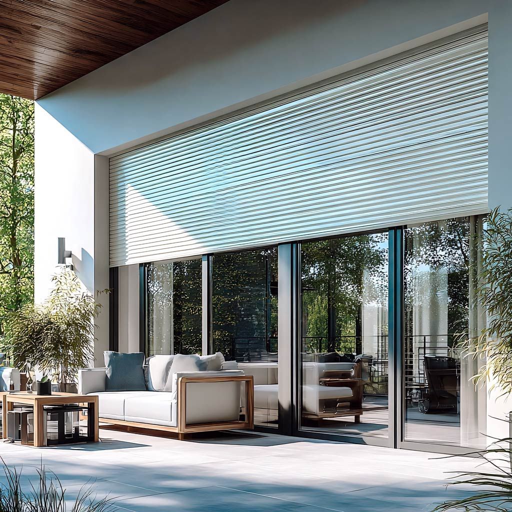 Patio blanc avec volets enroulés sur des portes vitrées, dévoilant un coin salon avec un canapé.