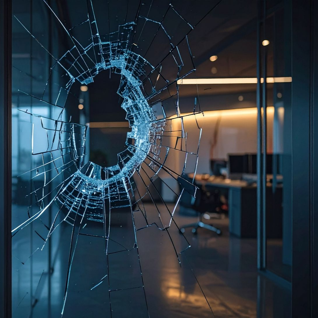 Fenêtre en verre brisé avec un trou circulaire, révélant l'intérieur d'un bureau.
