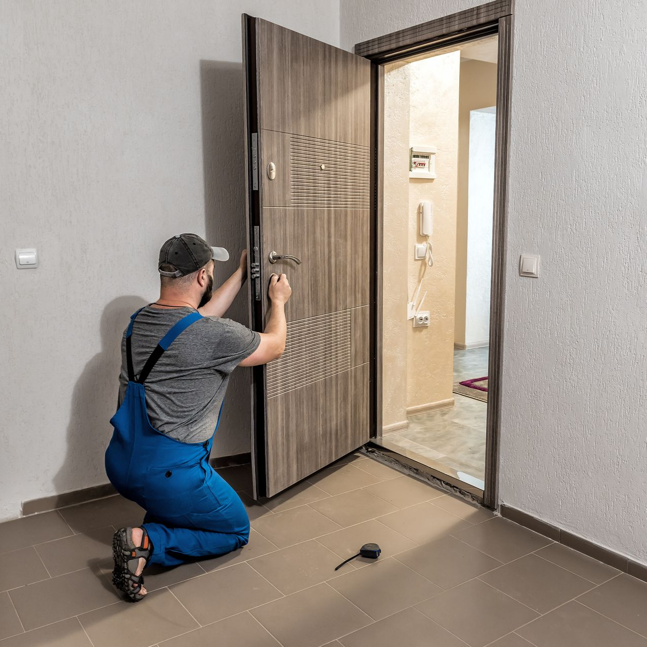Une personne installant une nouvelle porte, agenouillée dans le couloir d'un appartement.
