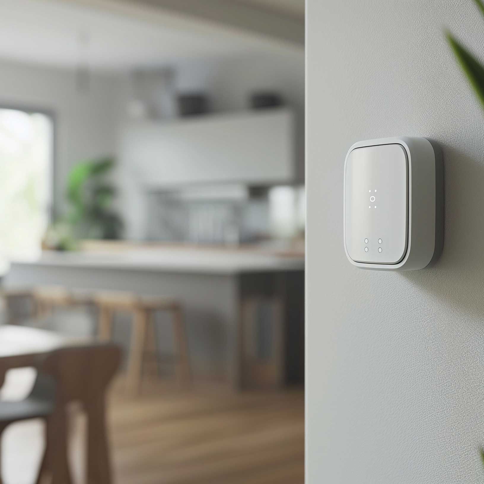 Appareil domestique intelligent blanc monté sur un mur gris dans une cuisine.