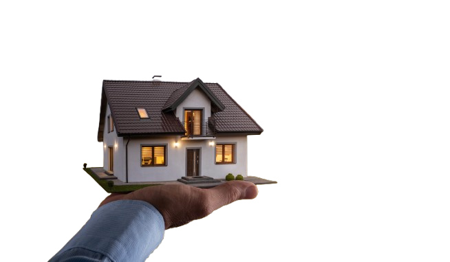 Une main gantée d'un revers de chemise bleu tient une petite maison miniature illuminée sur fond blanc.