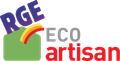 Logo pour RGE Eco Artisan, représentant une serre stylisée, un arc-en-ciel et un texte en violet, gris et rouge.